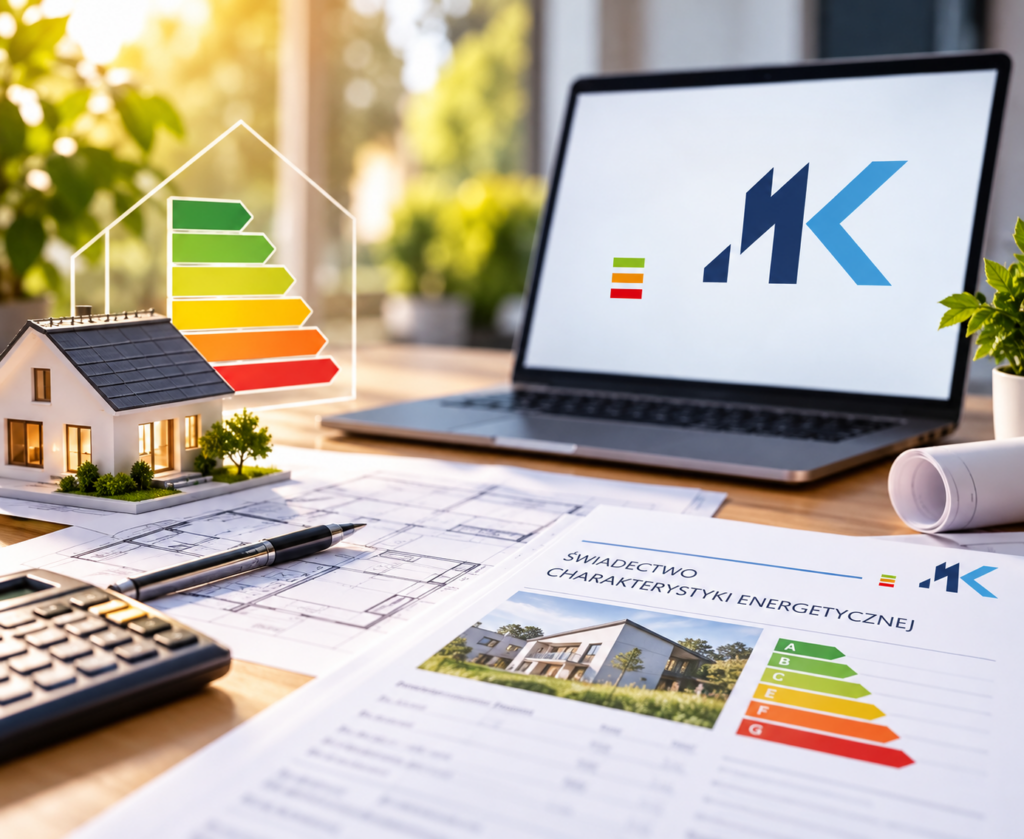 Świadectwo charakterystyki energetycznej, model domu ze skalą klas energetycznych i laptop z logo MK Energy